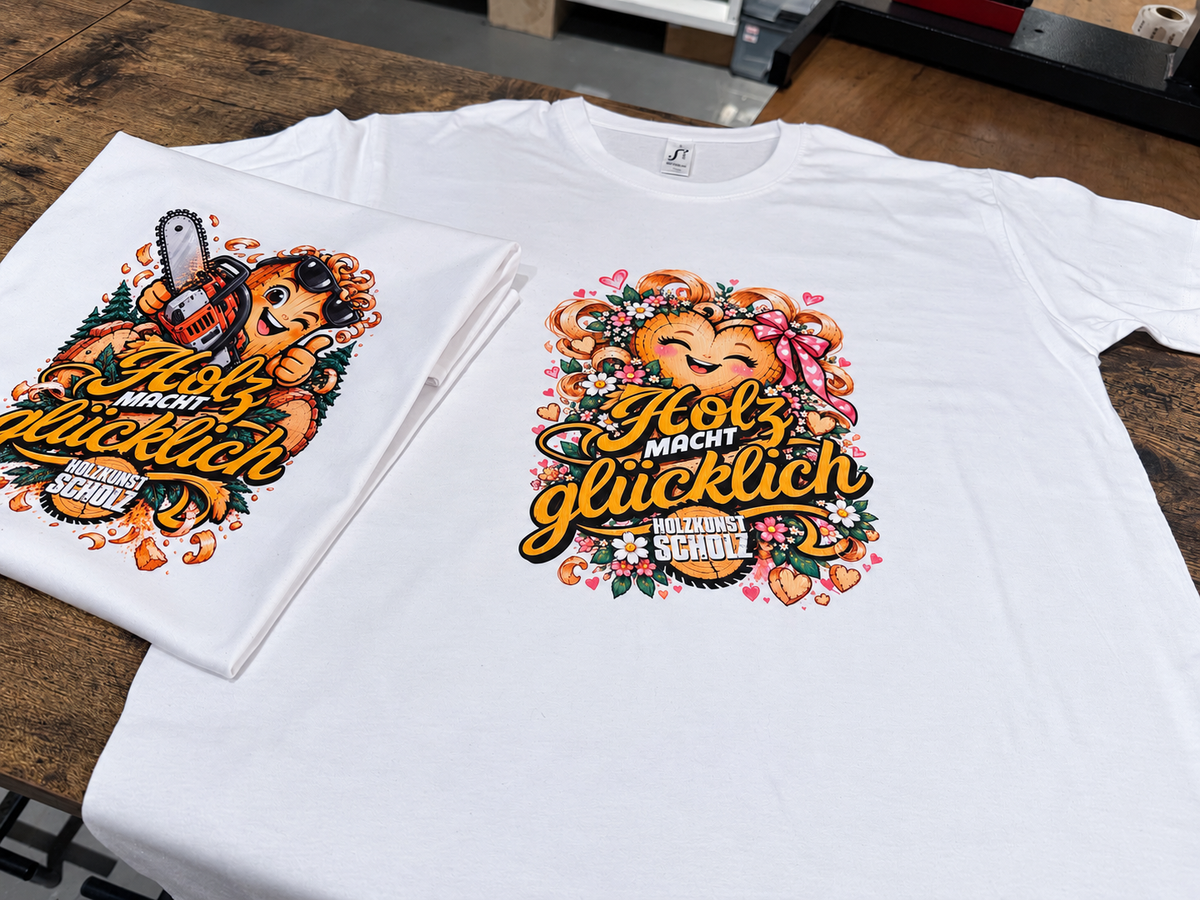 Weiße Kinder-T-Shirts mit den Motiven Kettensäge und Herz & Blumen