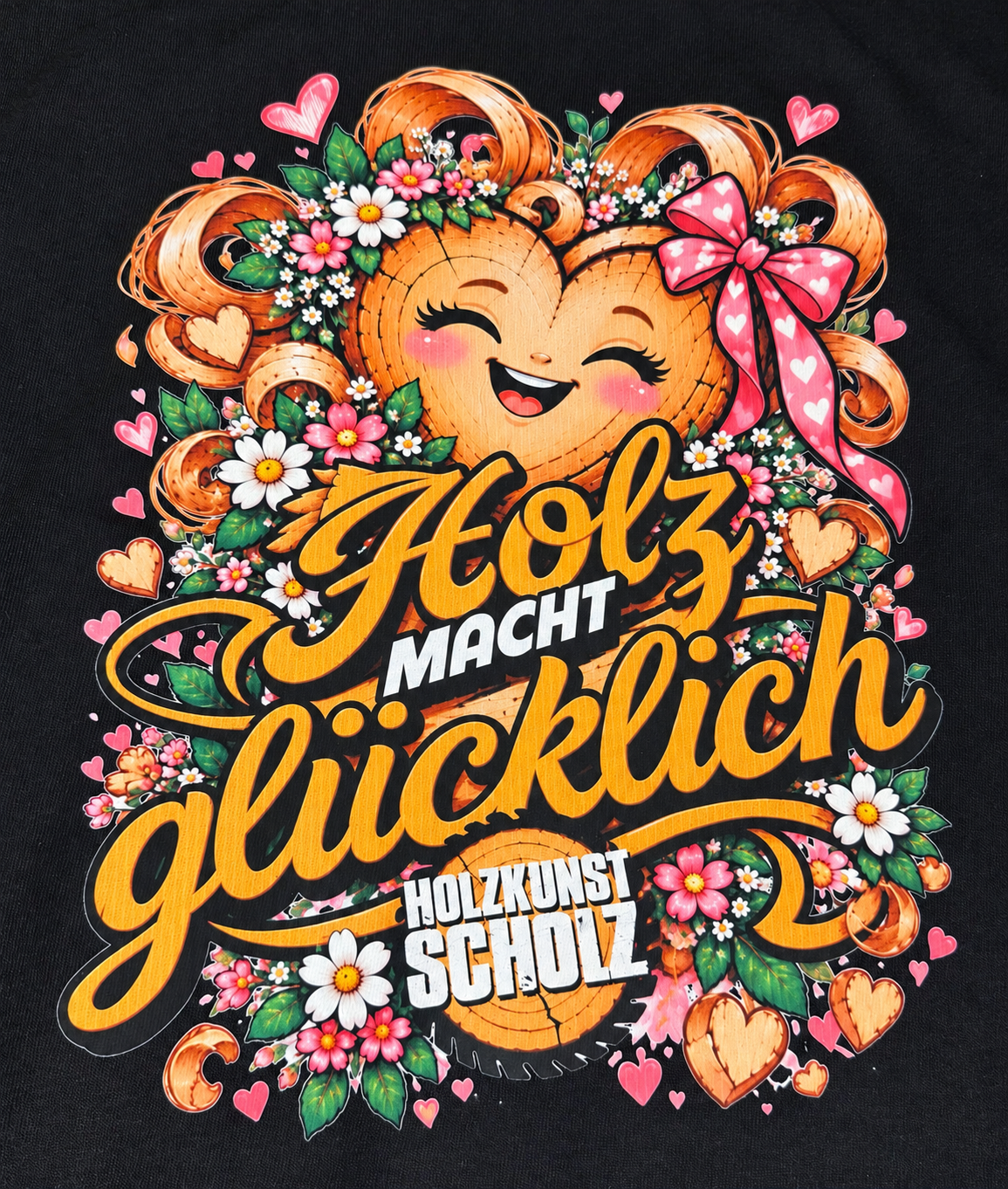 Detail des Herzmotivs mit Blumen – Holz macht glücklich