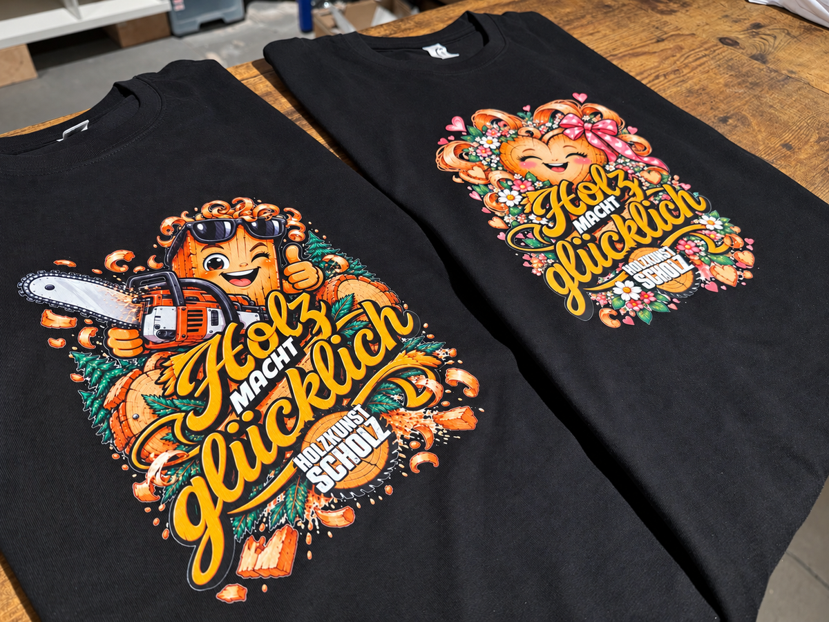 Schwarze Kinder-T-Shirts mit den Motiven Kettensäge und Herz & Blumen